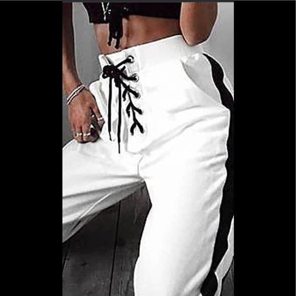 White W/ Black Stripes Black Laced Up Shoestrings Reflective Striped Joggers - Picture 5 of 5